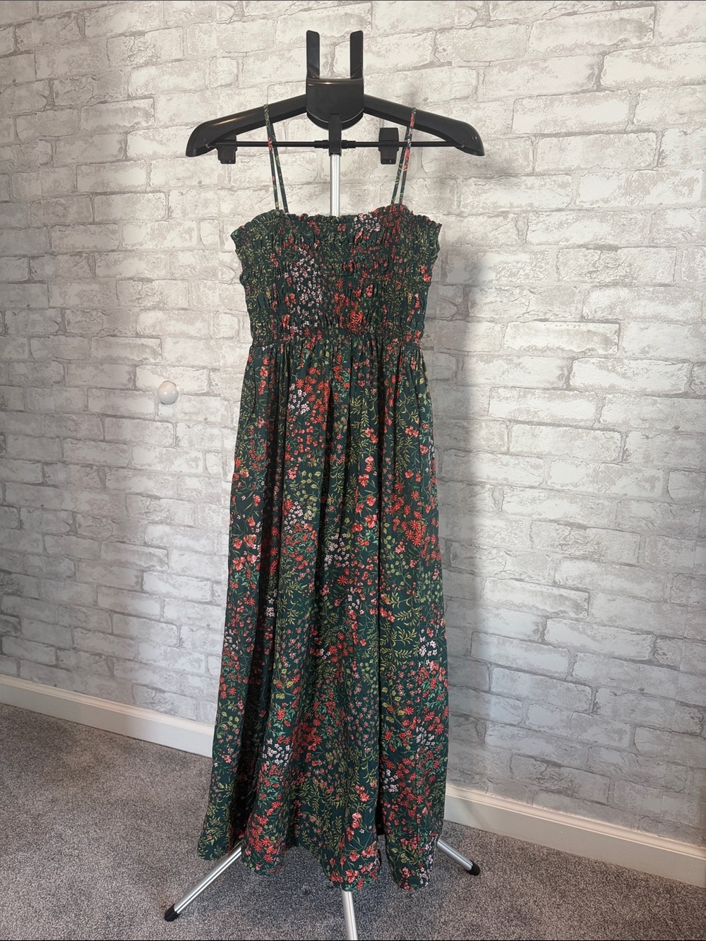 LOFT Dark Green Floral Smocked Maxi Dress with Red Accents
